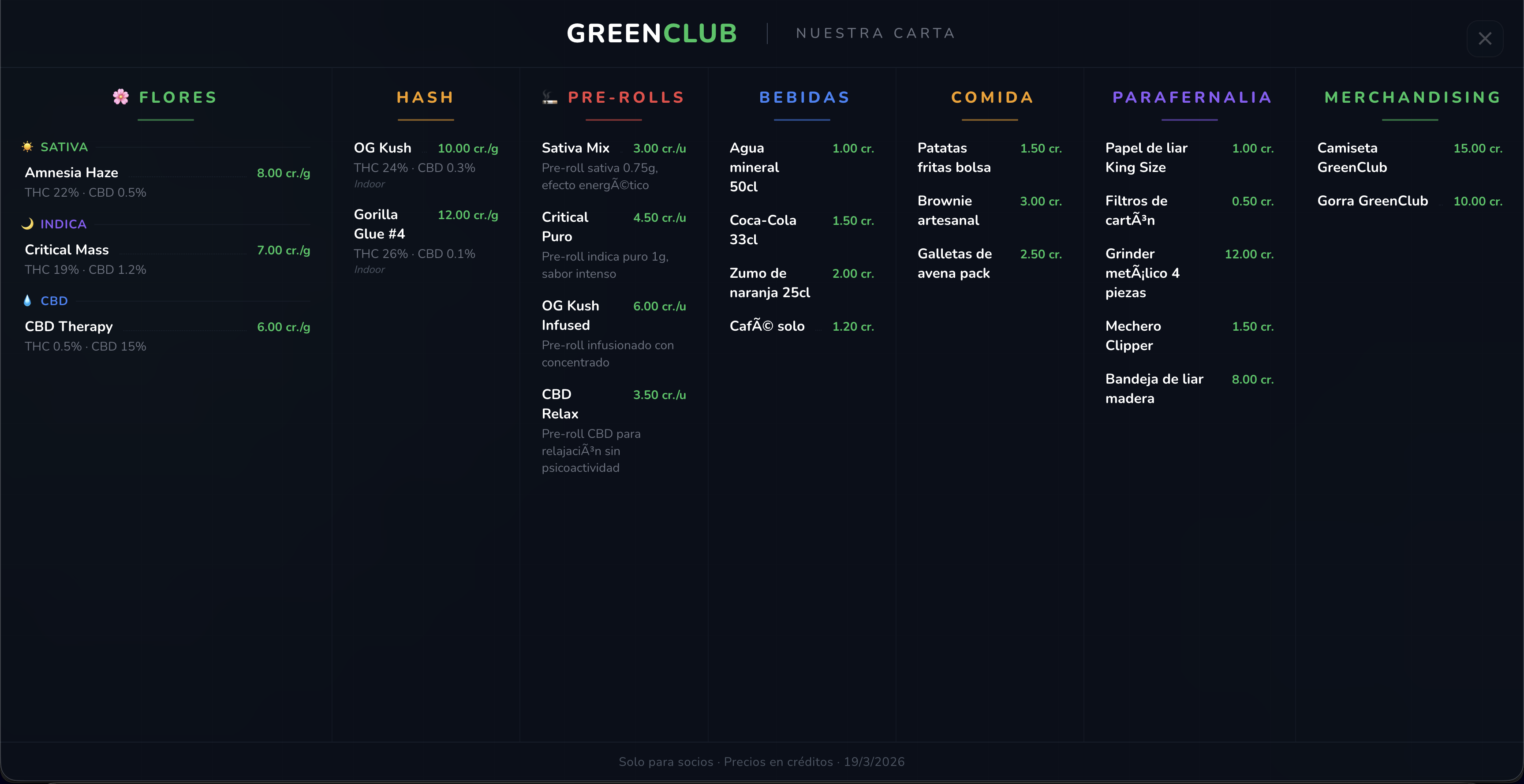 Carta Digital - Menú de productos de la asociación